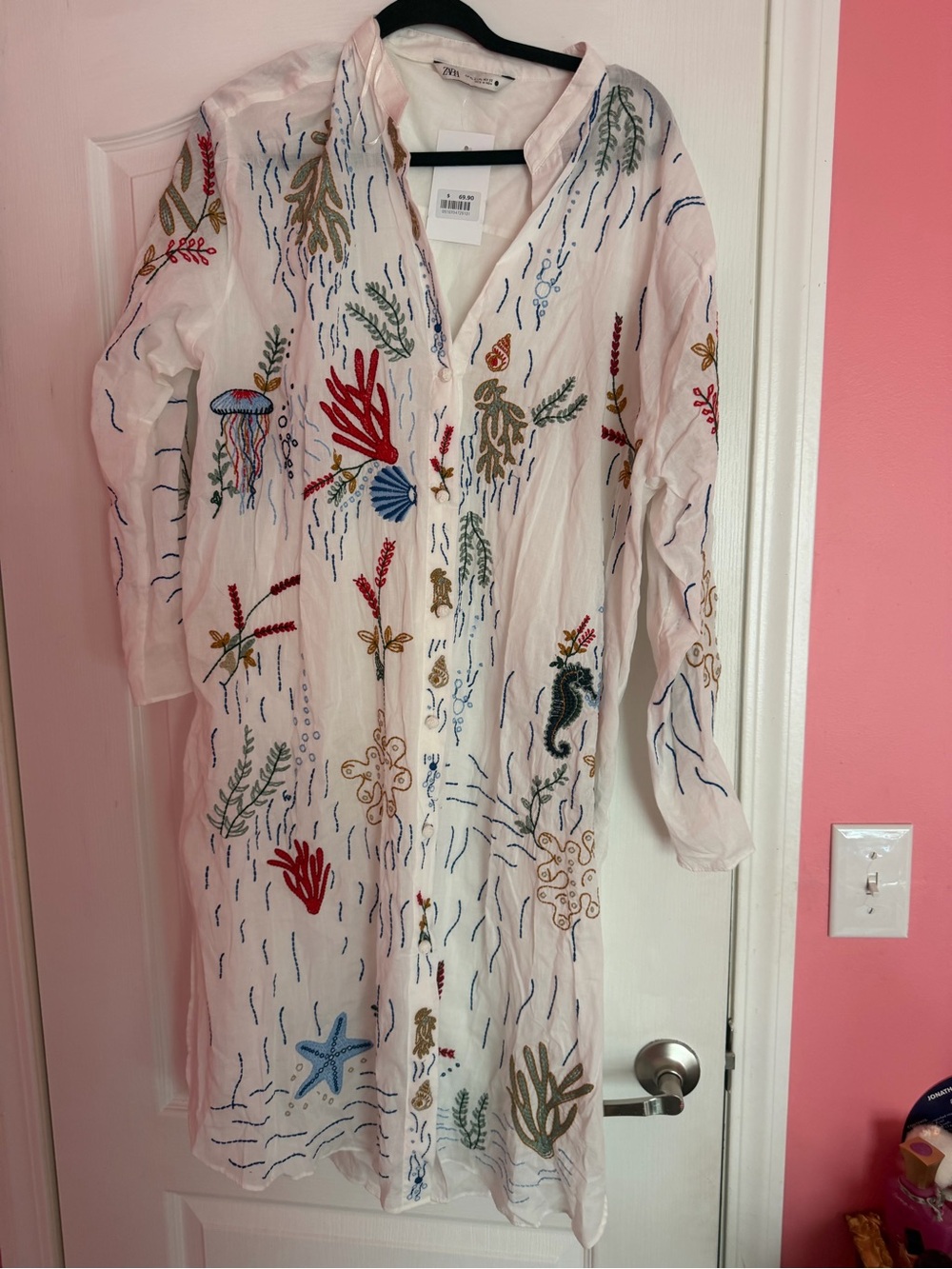 NWT Zara Embroidered Sea Life Long Shirt Dress - White